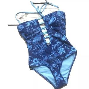 YMI SWIMWEAR Denim Print Caged One-Piece Suit S